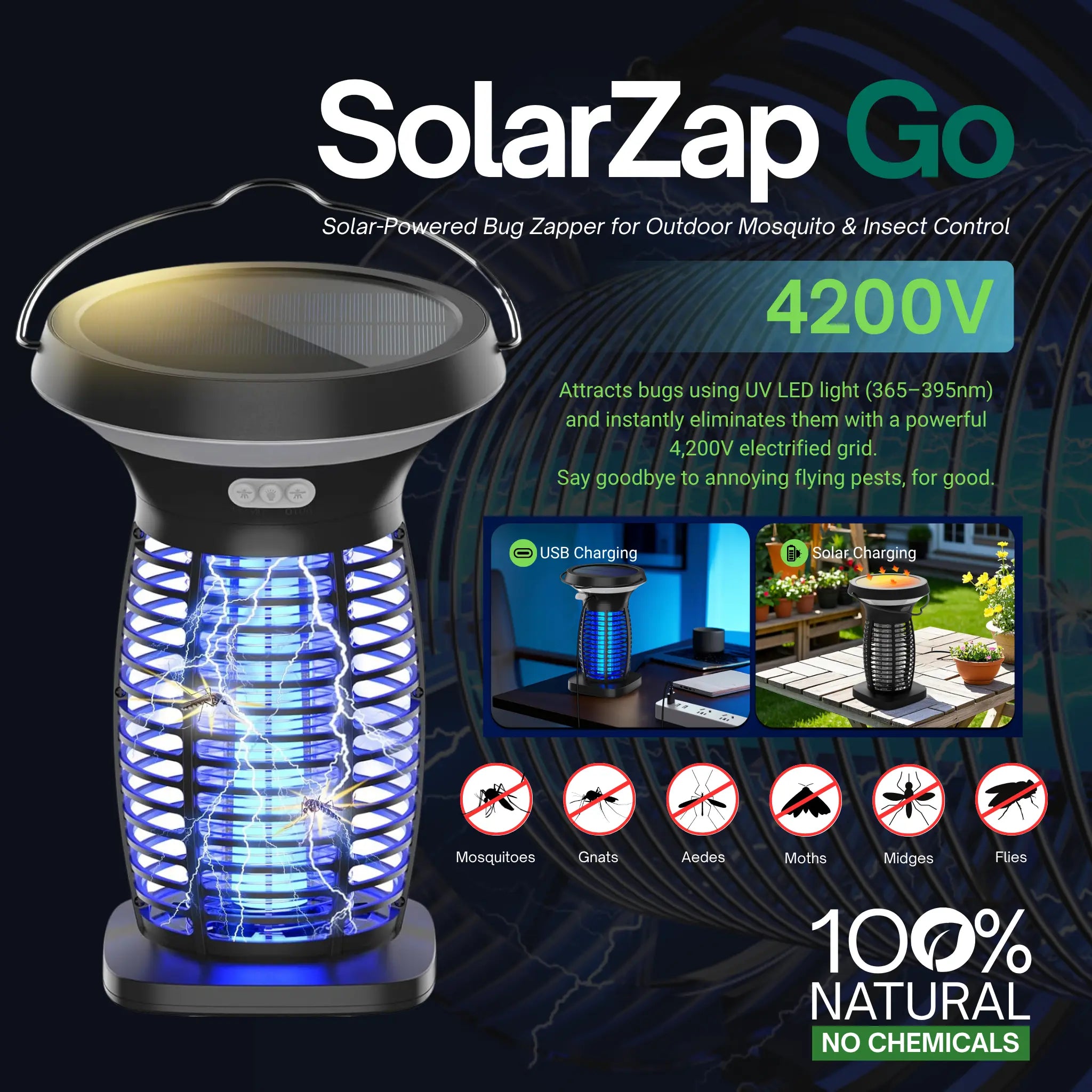 SolarZap Go - Portable Solar-Powered Bug Zapper for Outdoor Mosquito & Insect Control - WhirlMist