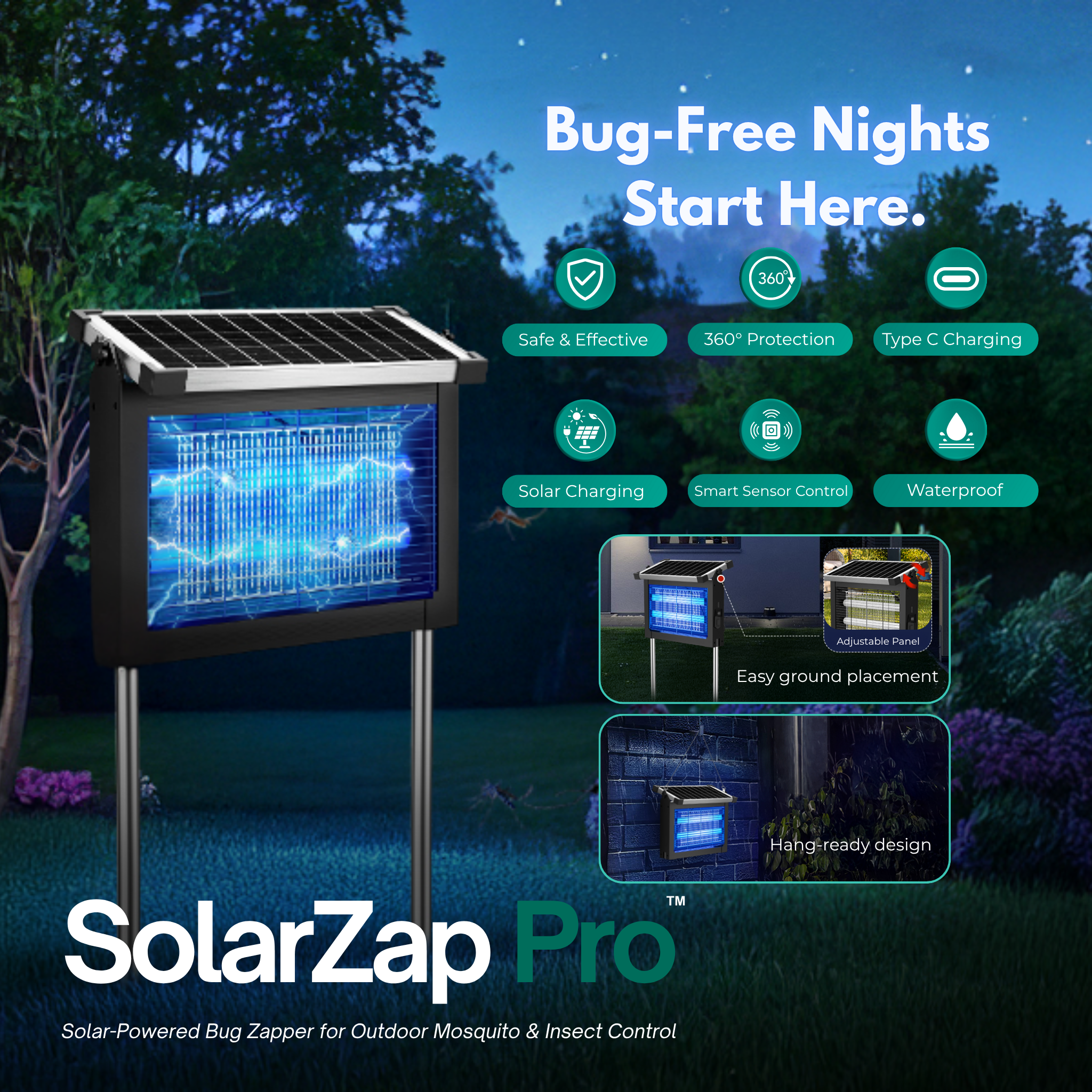 SolarZap Pro – Solar-Powered Waterproof Bug Zapper for Outdoor Mosquito & Insect Control WhirlMist