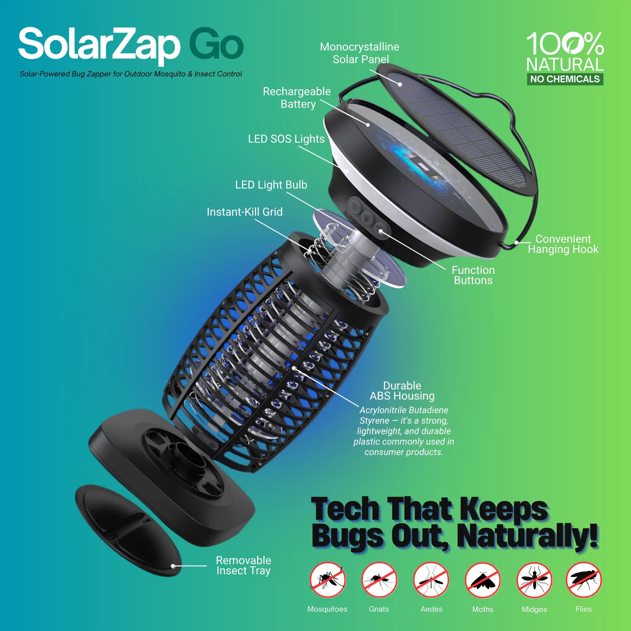 SolarZap Go - Portable Solar-Powered Bug Zapper for Outdoor Mosquito & Insect Control - WhirlMist