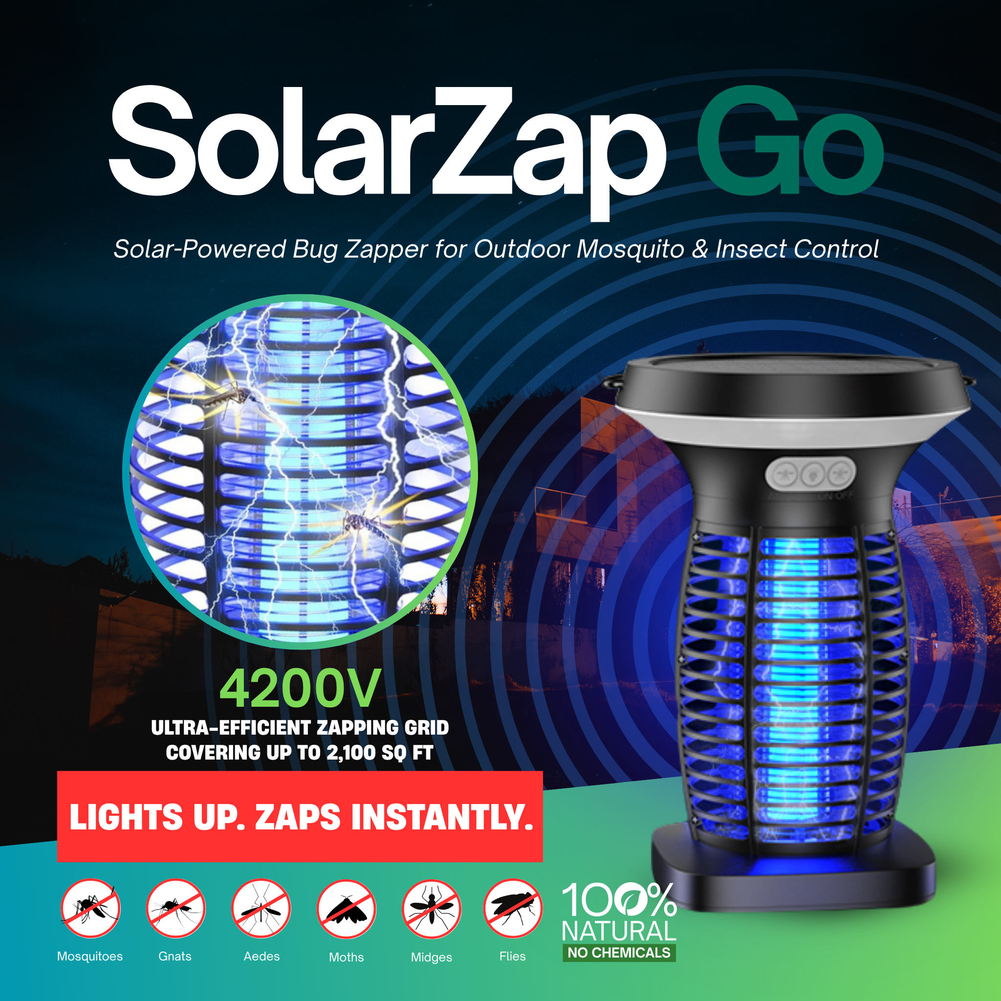 SolarZap Go - Portable Solar-Powered Bug Zapper for Outdoor Mosquito & Insect Control WhirlMist
