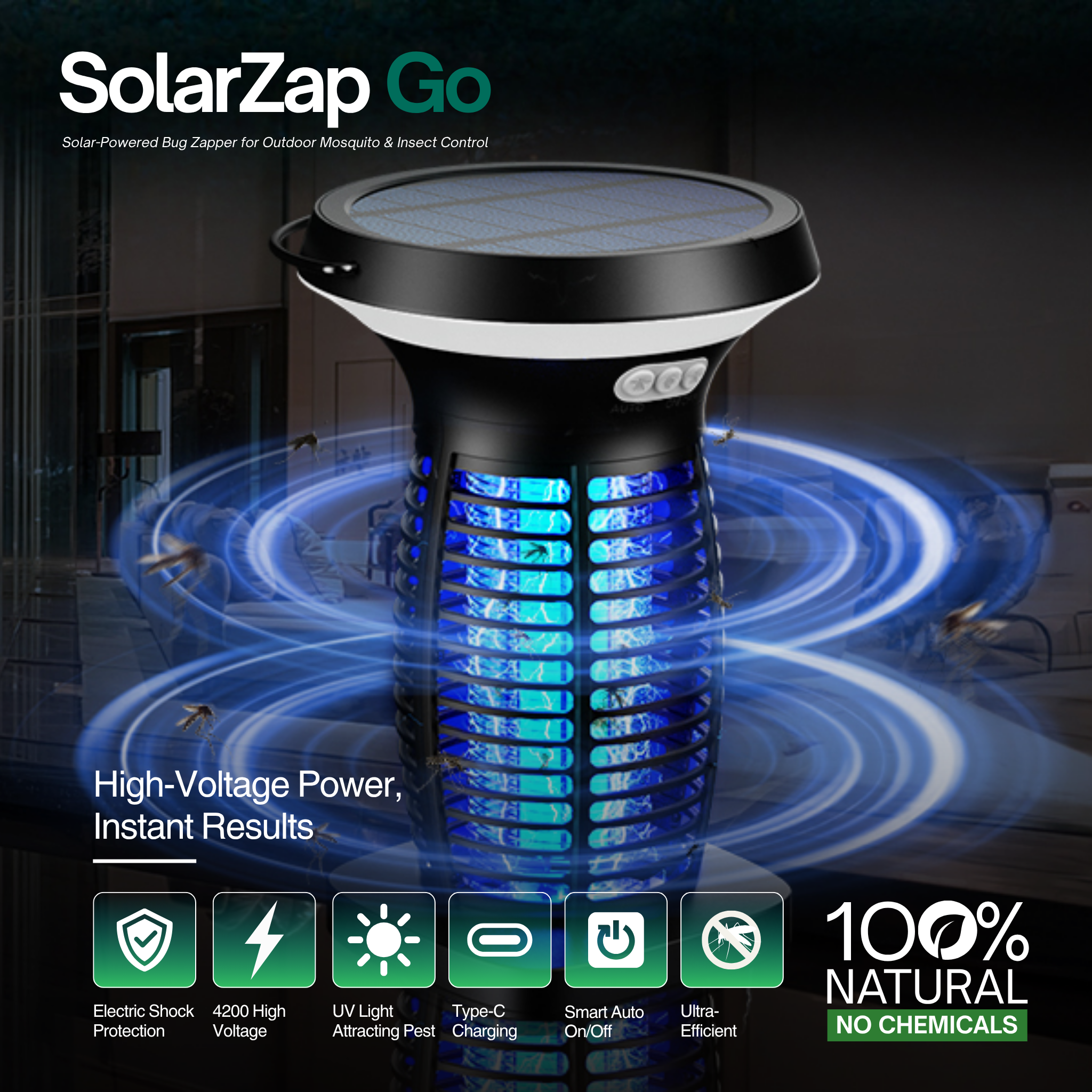 SolarZap Go - Portable Solar-Powered Bug Zapper for Outdoor Mosquito & Insect Control WhirlMist