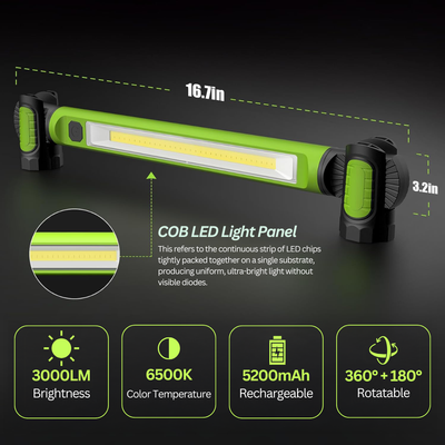3000 LM Rechargeable Work Light Bar – 5200 mAh Battery • Magnetic Base • Dual Hooks • Under-Hood / Garage / Emergency Light