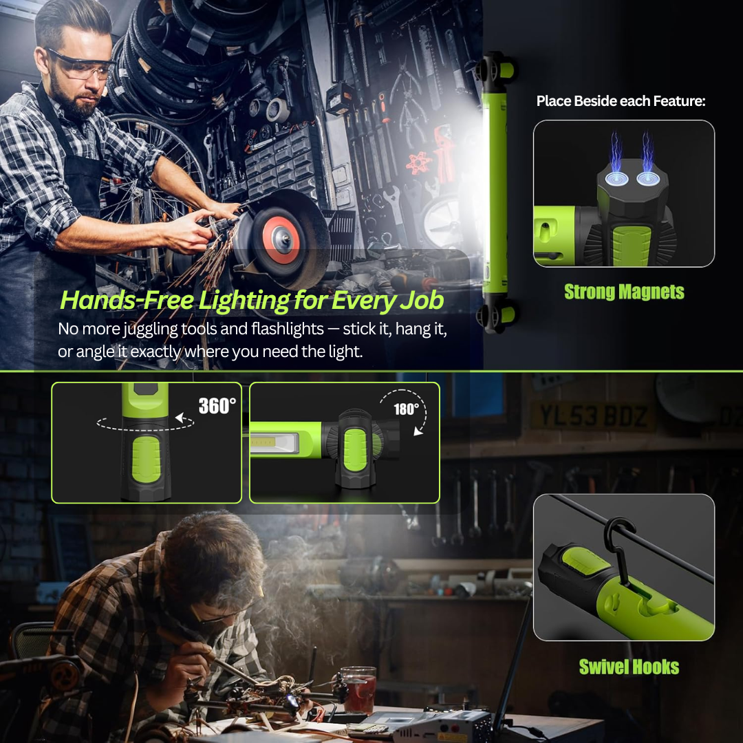 3000 LM Rechargeable Work Light Bar – 5200 mAh Battery • Magnetic Base • Dual Hooks • Under-Hood / Garage / Emergency Light
