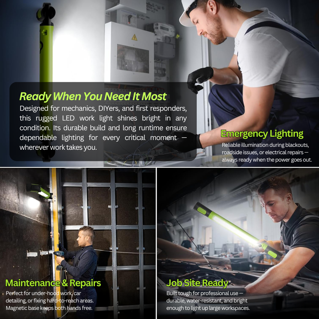 3000 LM Rechargeable Work Light Bar – 5200 mAh Battery • Magnetic Base • Dual Hooks • Under-Hood / Garage / Emergency Light