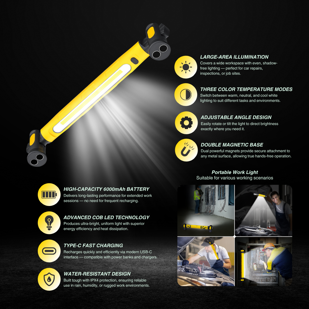 3000 LM Rechargeable Work Light Bar – 5200 mAh Battery • Magnetic Base • Dual Hooks • Under-Hood / Garage / Emergency Light