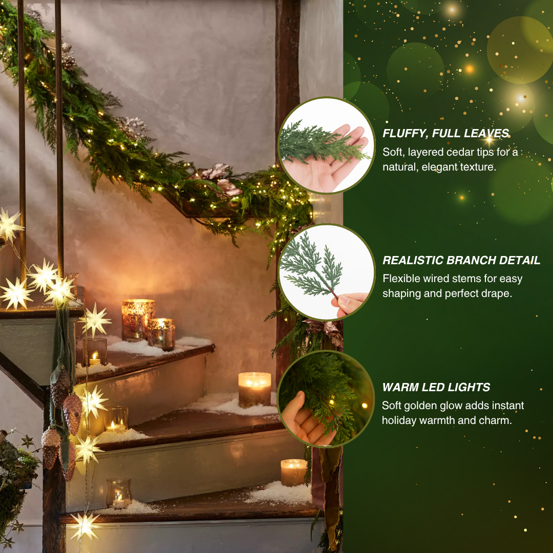 2 PCS 6 ft Christmas Cedar Garland with Lights for Mantel & Table