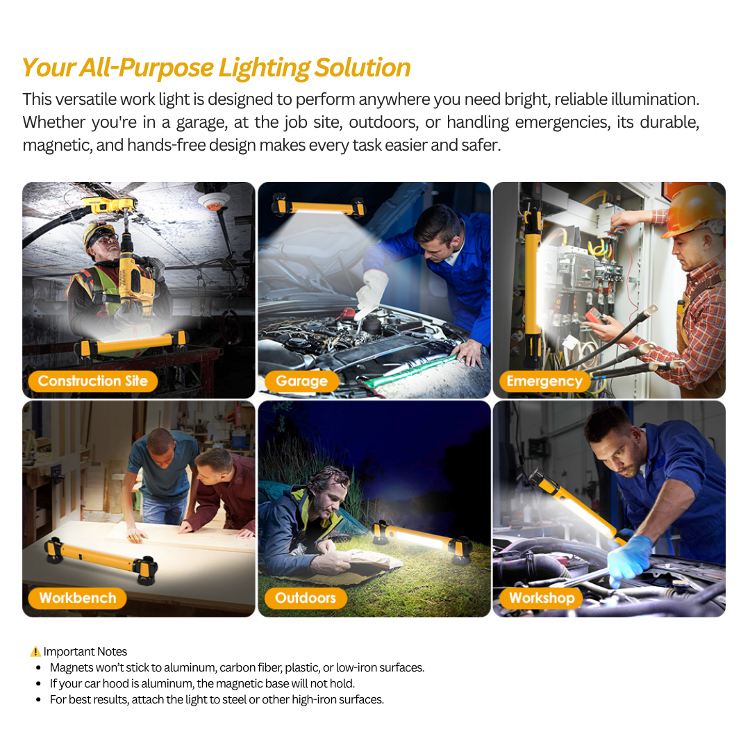 3000 LM Rechargeable Work Light Bar – 5200 mAh Battery • Magnetic Base • Dual Hooks • Under-Hood / Garage / Emergency Light