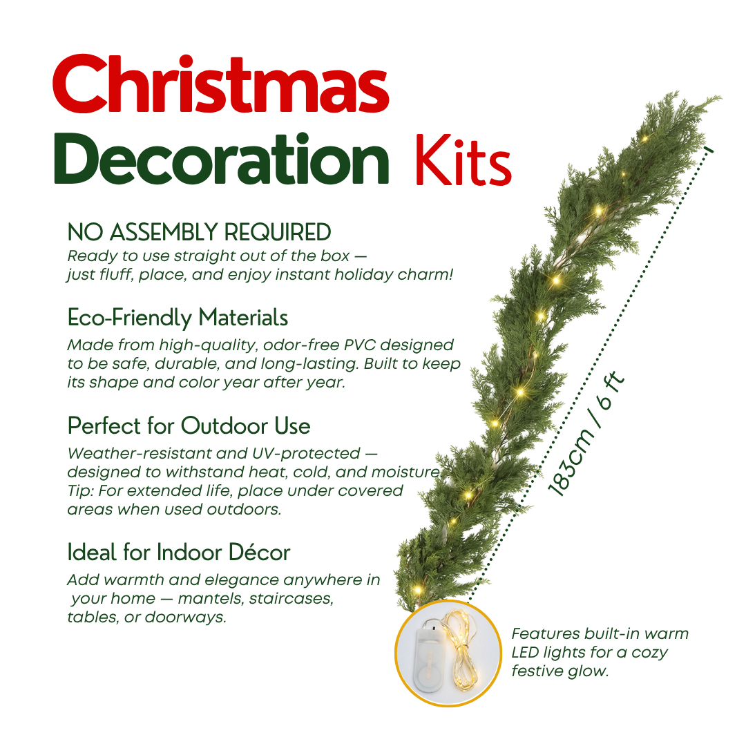 2 PCS 6 ft Christmas Cedar Garland with Lights for Mantel & Table