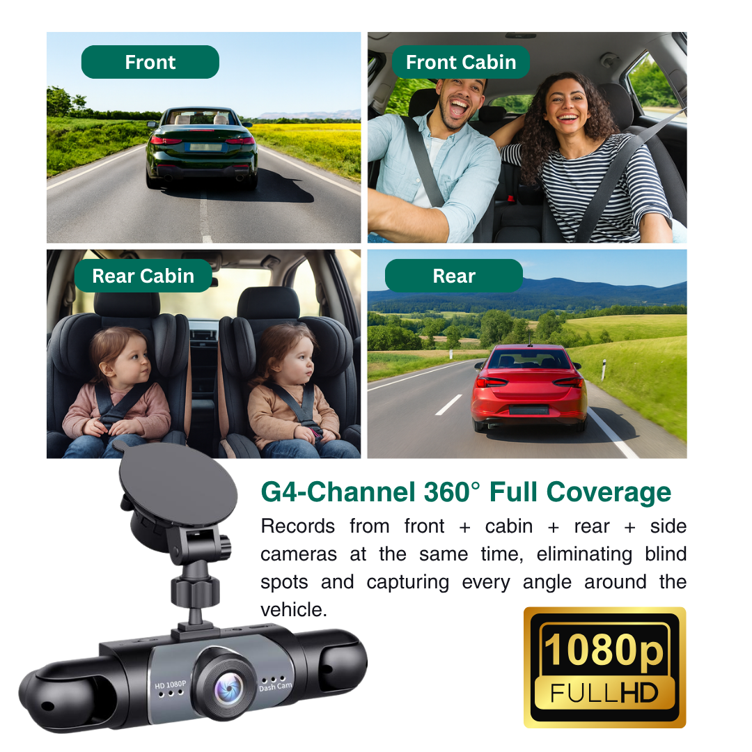 Full View 360° Car Dashcam System – 4-Channel 1080P HD Recording, Infrared Night Vision, G-Sensor, 64GB SD Card, Loop Recording – Taxi, Fleet & Family Vehicles
