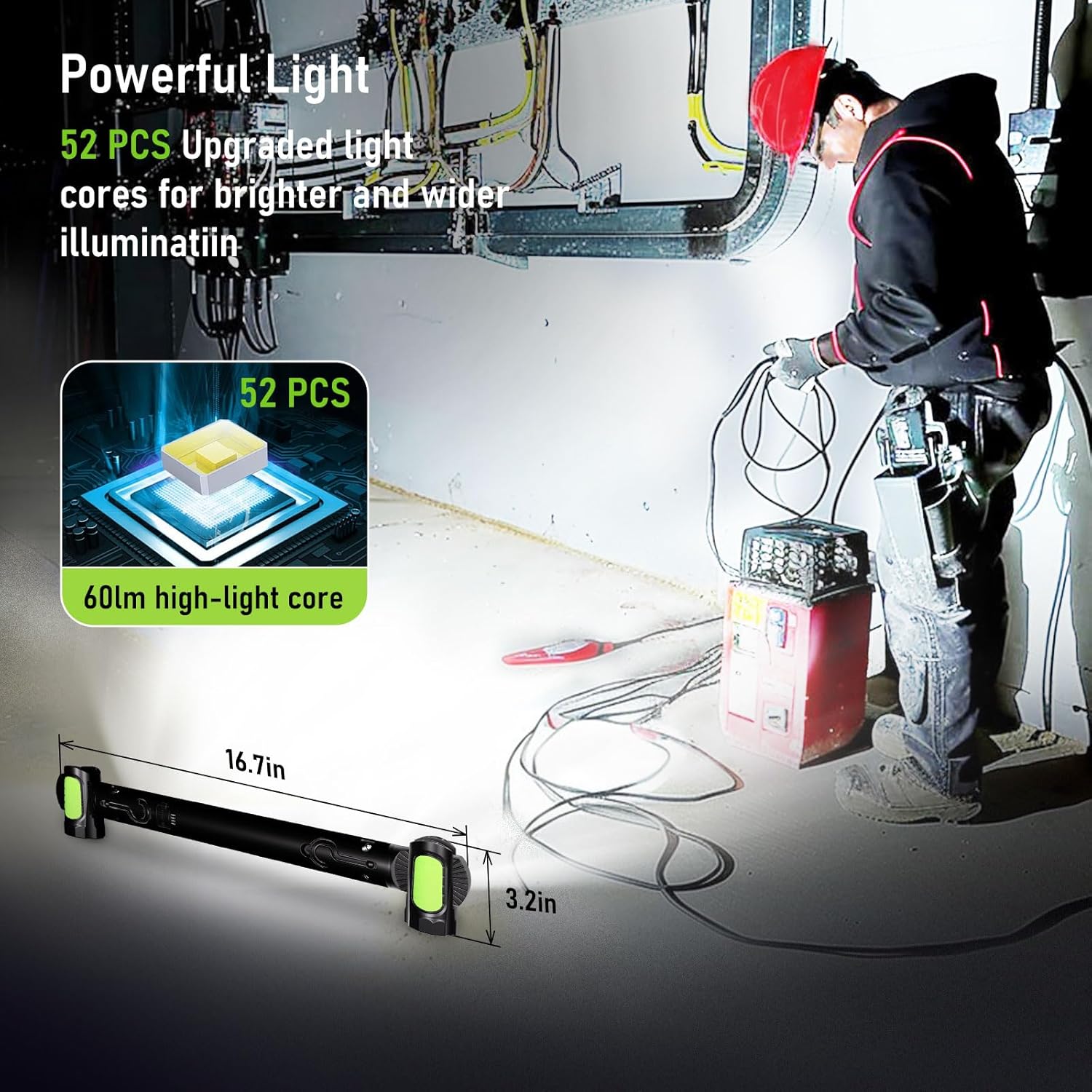 3000 LM Rechargeable Work Light Bar – 5200 mAh Battery • Magnetic Base • Dual Hooks • Under-Hood / Garage / Emergency Light