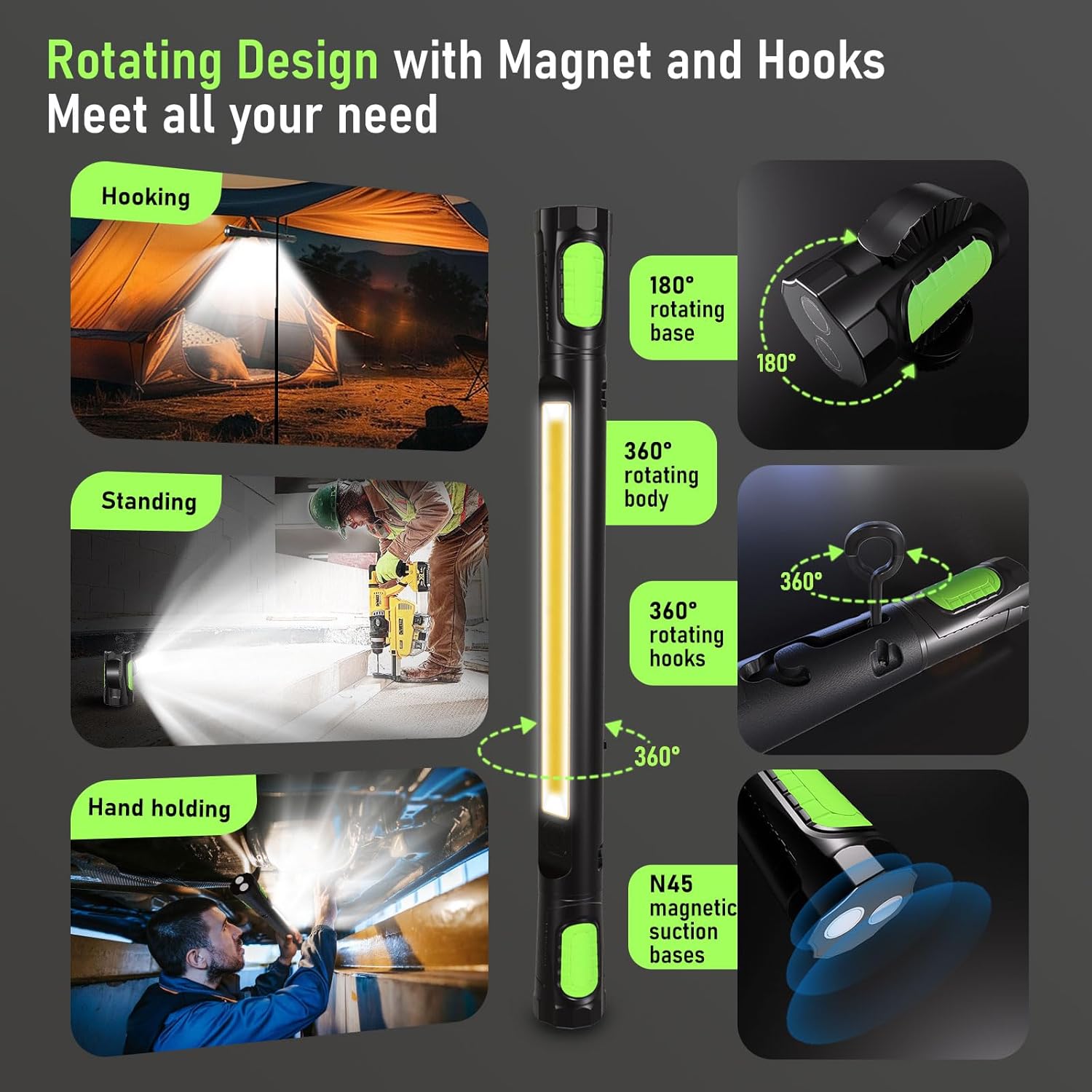 3000 LM Rechargeable Work Light Bar – 5200 mAh Battery • Magnetic Base • Dual Hooks • Under-Hood / Garage / Emergency Light