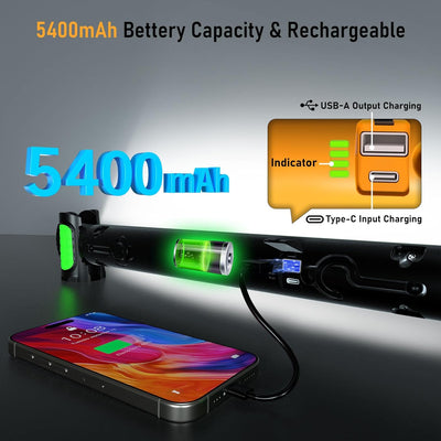 3000 LM Rechargeable Work Light Bar – 5200 mAh Battery • Magnetic Base • Dual Hooks • Under-Hood / Garage / Emergency Light