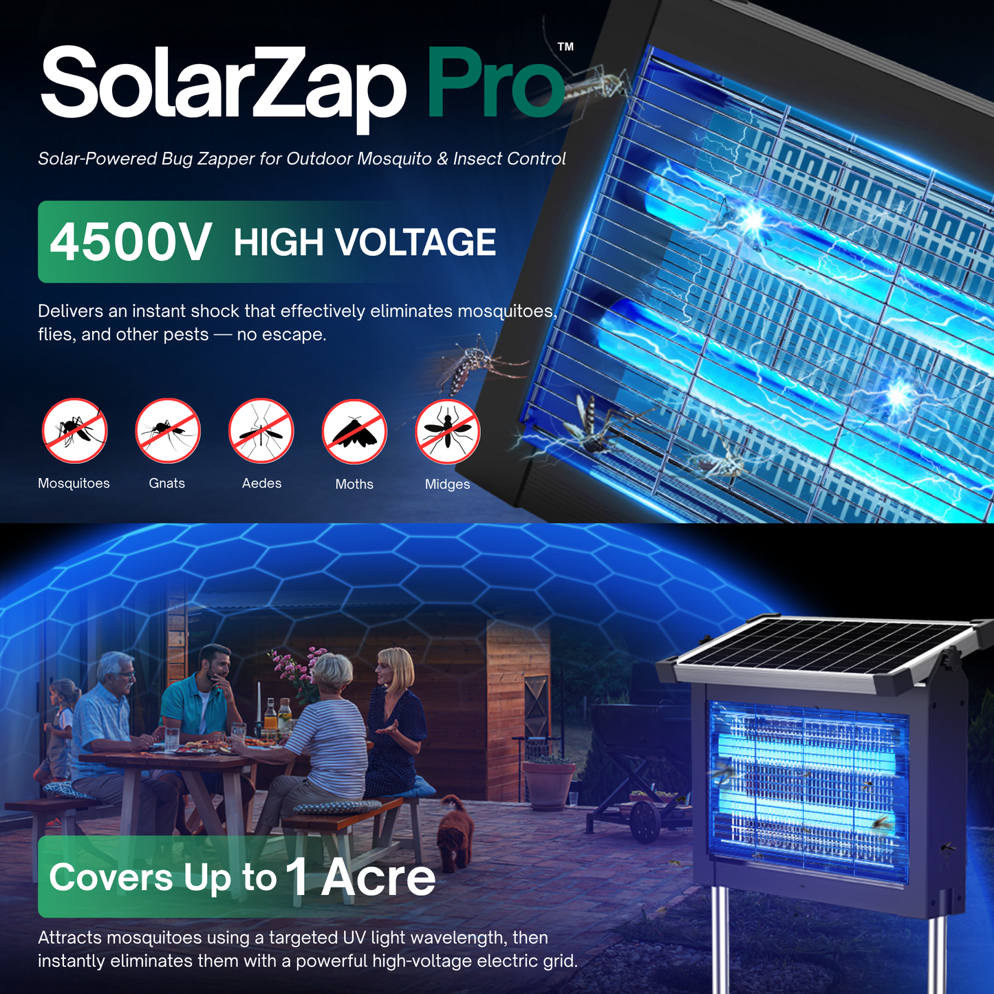 SolarZap Pro – Solar-Powered Waterproof Bug Zapper for Outdoor Mosquito & Insect Control