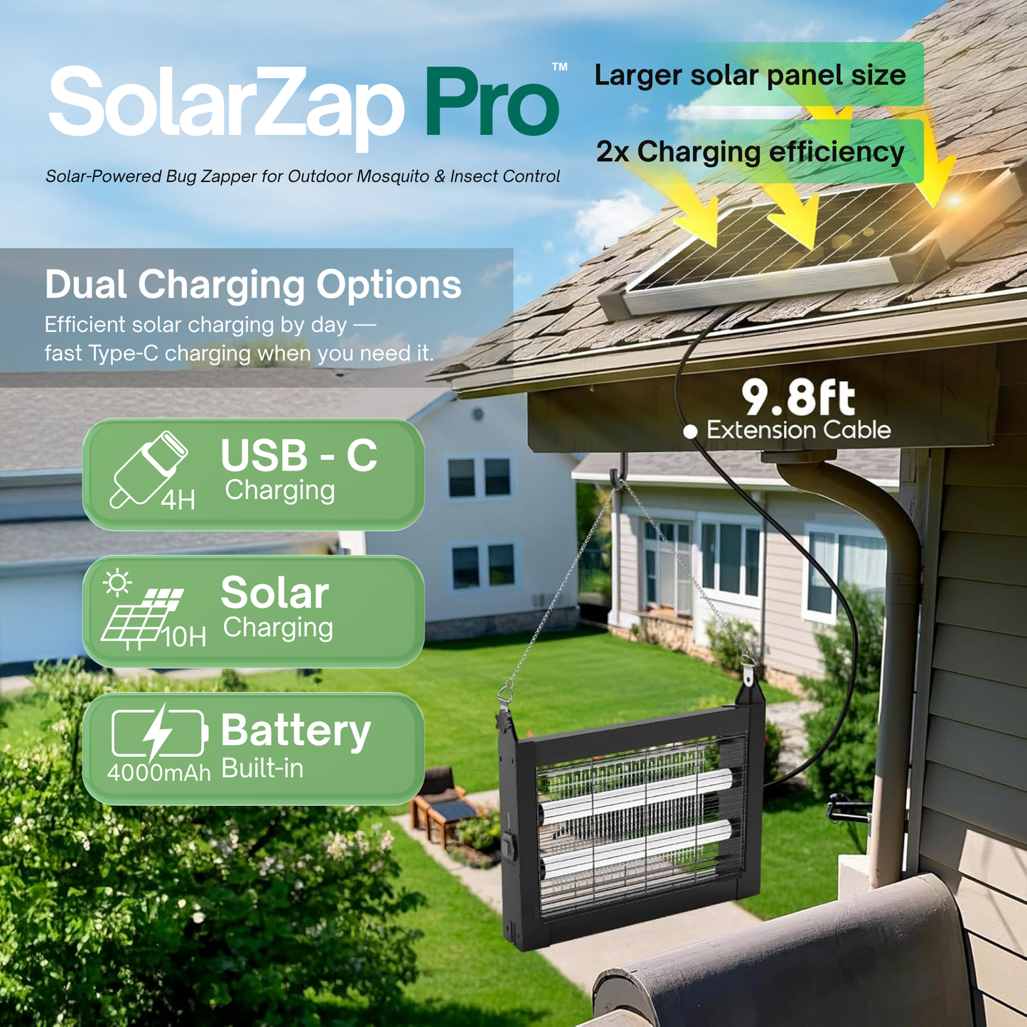 SolarZap Pro – Solar-Powered Waterproof Bug Zapper for Outdoor Mosquito & Insect Control